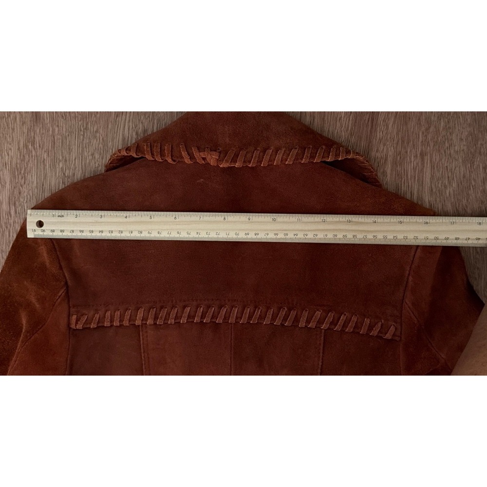 Vintage Suede Jacket 70s 80's Small Boho Western Whipstitch Cognac Leather Coat - Picture 15 of 16